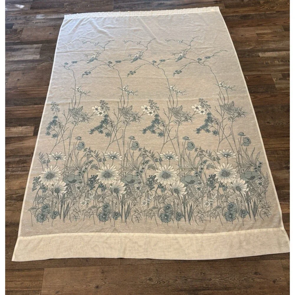 Vintage 70’s Curtain Panel (1) Blue Floral Sheer White 60”x84” Retro MCM Cottage